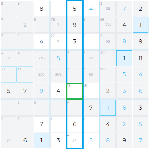 How to play Sudoku example. 1 must go in row 4, column 3, by scanning for number 1 in row 5 and row 6.