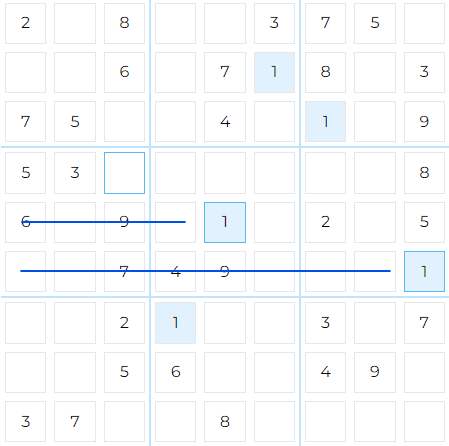 How to play Sudoku example. 1 must go in row 4, column 3, by scanning for number 1 in row 5 and row 6.